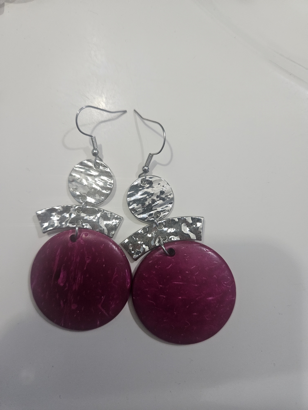 Hammered Silver & Magenta Disc Drop Earrings
